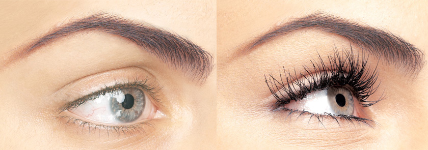 Close up photo of a womens eye before and after eye lash extensions.